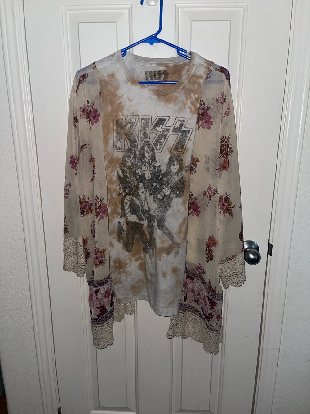 KISS Graphic Tie-Dye Tee with Floral Crochet Kimono upcycled
